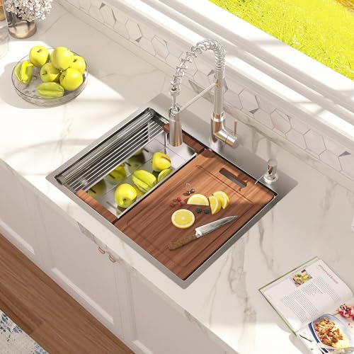 CELAENO 25 x 22 inch Drop-in Kitchen Sink, Handmade Workstation Kitchen Sink 18 Gauge with Ledge, Topmount Single Bowl Stainless Steel Kitchen Sink with soap dispenser hole