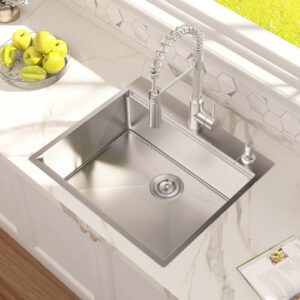 CELAENO 25 x 22 inch Drop-in Kitchen Sink, Handmade Workstation Kitchen Sink 18 Gauge with Ledge, Topmount Single Bowl Stainless Steel Kitchen Sink with soap dispenser hole