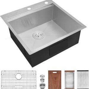 CELAENO 25 x 22 inch Drop-in Kitchen Sink, Handmade Workstation Kitchen Sink 18 Gauge with Ledge, Topmount Single Bowl Stainless Steel Kitchen Sink with soap dispenser hole