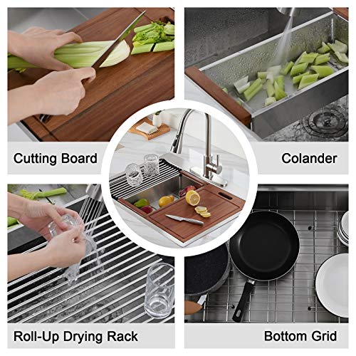 CELAENO 25 x 22 inch Drop-in Kitchen Sink, Handmade Workstation Kitchen Sink 18 Gauge with Ledge, Topmount Single Bowl Stainless Steel Kitchen Sink with soap dispenser hole