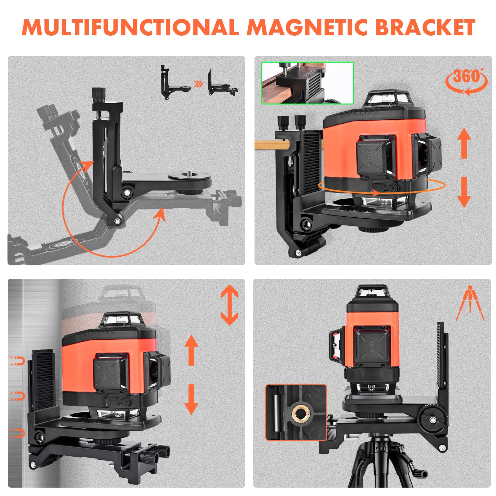 DOVOH 4x360° Laser Level 360 Self Leveling, 16 Line Laser Leveler for Construction Floor Tiling and Ceiling Rechargeable Green Beam 4D Plane Magnetic Bracket Included, K4-360G