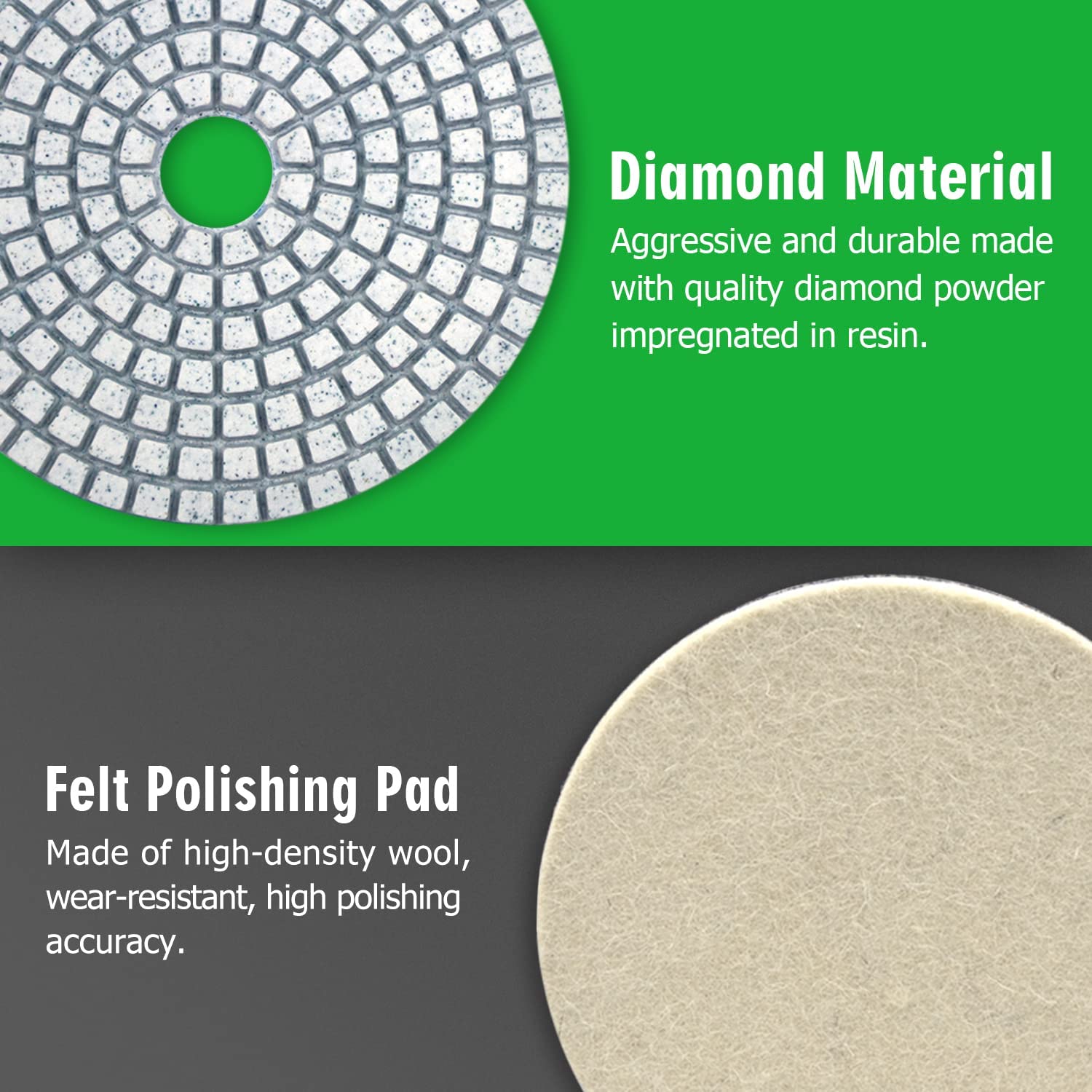 Diamond Polishing Pads 5 Inch with 5/8’’-11 Hook & Loop Backing Pads, 10pcs Wet/Dry Concrete Polish Tools Kit for Drill, Grinder, Polisher, 50-3000 Grit Polishing Set for Marble Granite Quartz Stone