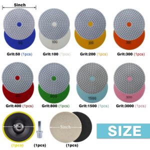 Diamond Polishing Pads 5 Inch with 5/8’’-11 Hook & Loop Backing Pads, 10pcs Wet/Dry Concrete Polish Tools Kit for Drill, Grinder, Polisher, 50-3000 Grit Polishing Set for Marble Granite Quartz Stone