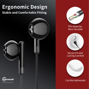 Kimwood Wired Earbuds with Microphone, Wired Earphones in-Ear Headphones HiFi Stereo, Powerful Bass and Crystal Clear Audio, Compatible with iPhone, iPad, Android, Computer Most with 3.5mm Jack