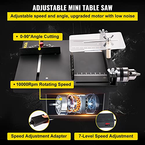 VEVOR Mini Table Saw, 96W Hobby Table Saw for Woodworking, 0-90 Angle Cutting Portable DIY Saw, 7-Level Speed Adjustable Multifunctional Table Saws, 1.3in Cutting Depth (Cutting/Polishing Set)