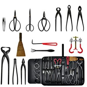 kornculor 16 pcs bonsai tool sets high carbon steel gardening trimming tools set with pruning shears, bonsai scissors, bonsai wires, leather bag for garden plant