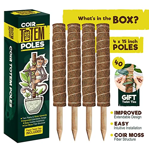 Totem Monkey Moss Pole for Plants Monstera - 47.8 Inch Coir Totem Plant Support - 4 x 15.7 Inch Coco Sticks for Climbing Indoor Potted Plants - 40 Paper Twist Ties - Train Creeper House Plants Grow