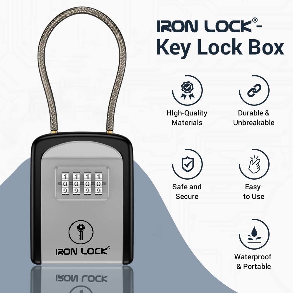 Iron Lock ® - Key Lock Box Portable with Removable Cable Shackle Indoor Outdoor Waterproof 4 Digit Combination with Resettable Code with A B Switch Key Lockbox for Outside Hold Spare Keys for Realtors