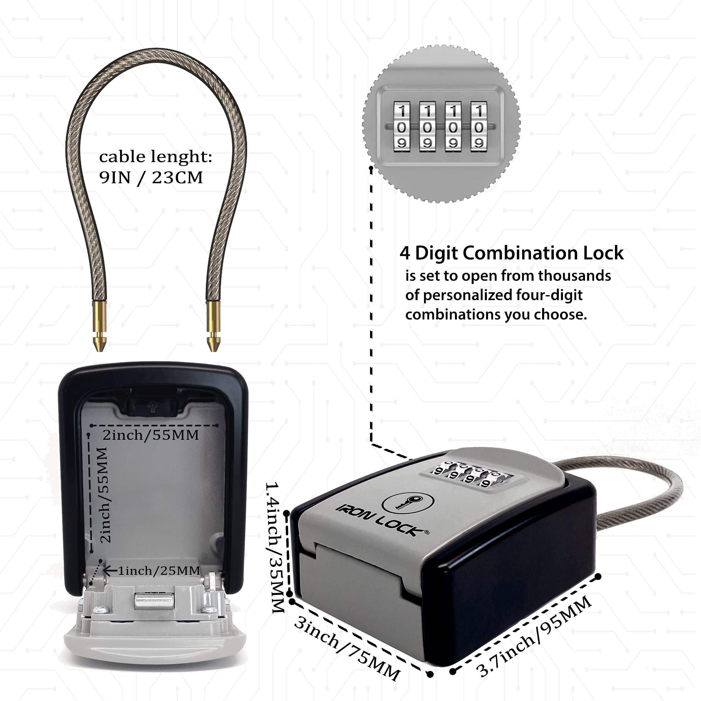 Iron Lock ® - Key Lock Box Portable with Removable Cable Shackle Indoor Outdoor Waterproof 4 Digit Combination with Resettable Code with A B Switch Key Lockbox for Outside Hold Spare Keys for Realtors