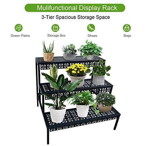 3 Tiers Metal Plant Stand,Rectangular Ladder Flower Pots Outdoor, Indoor Plant Display Rack, Heavy Duty Utility Storage Organizer for Home Garden Patio Balcony, Stair Style