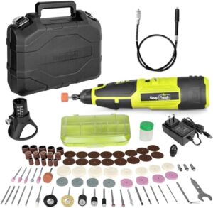 snapfresh 12v cordless rotary tool kit, 7 speeds, 77 accessories, 2 attachments, flex shaft, universal keyless chuck,1 hour quick charging, for cutting, sanding, polishing, drilling, grinding,carving