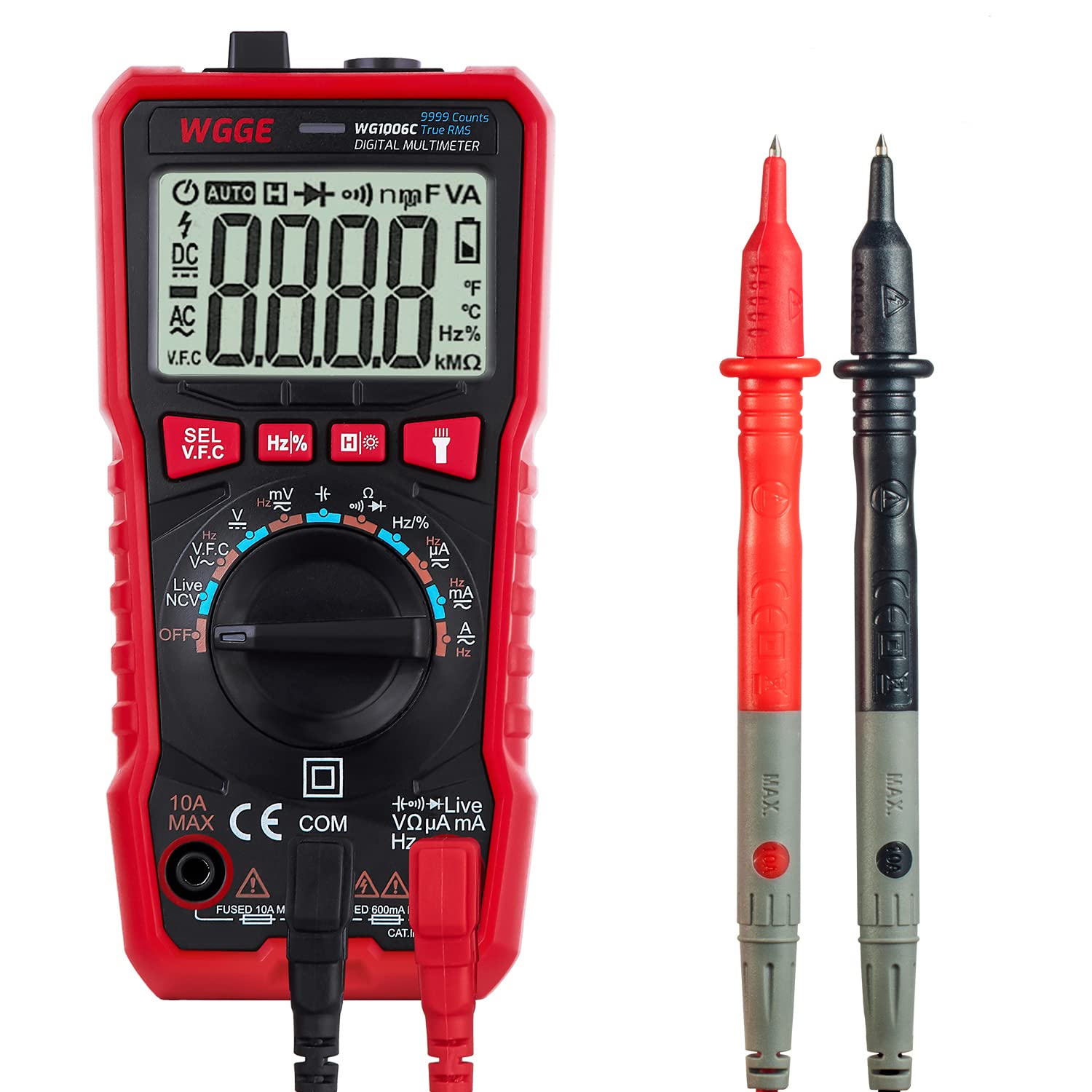 WGGE Digital Multimeter, TRMS 9999 Counts Auto-Ranging Voltage Tester Voltmeter Measuring AC/DC Voltage Current, Capacitance Resistance, Frequency Voltage Measurement, Duty Cycle, Continuity, and NCV