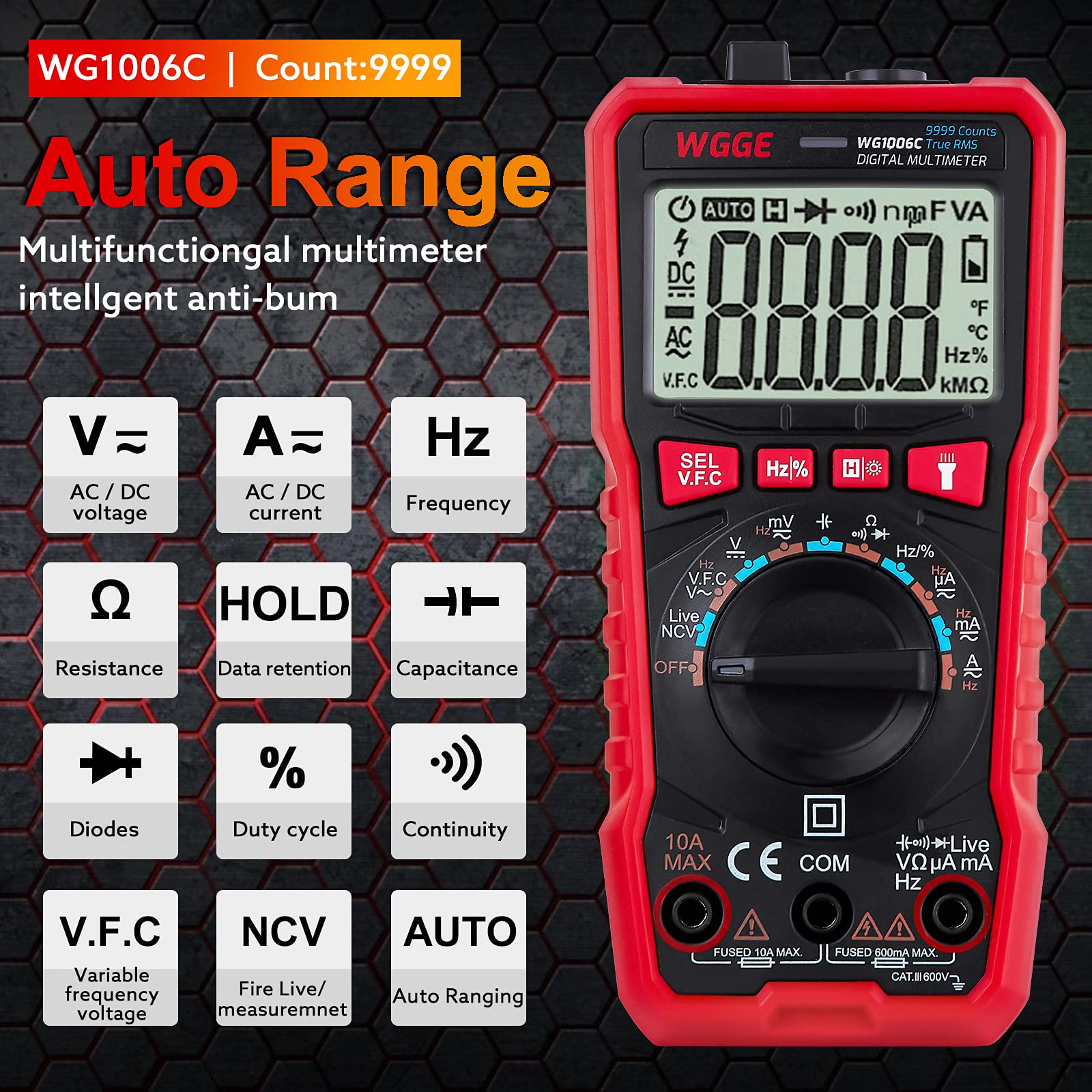WGGE Digital Multimeter, TRMS 9999 Counts Auto-Ranging Voltage Tester Voltmeter Measuring AC/DC Voltage Current, Capacitance Resistance, Frequency Voltage Measurement, Duty Cycle, Continuity, and NCV