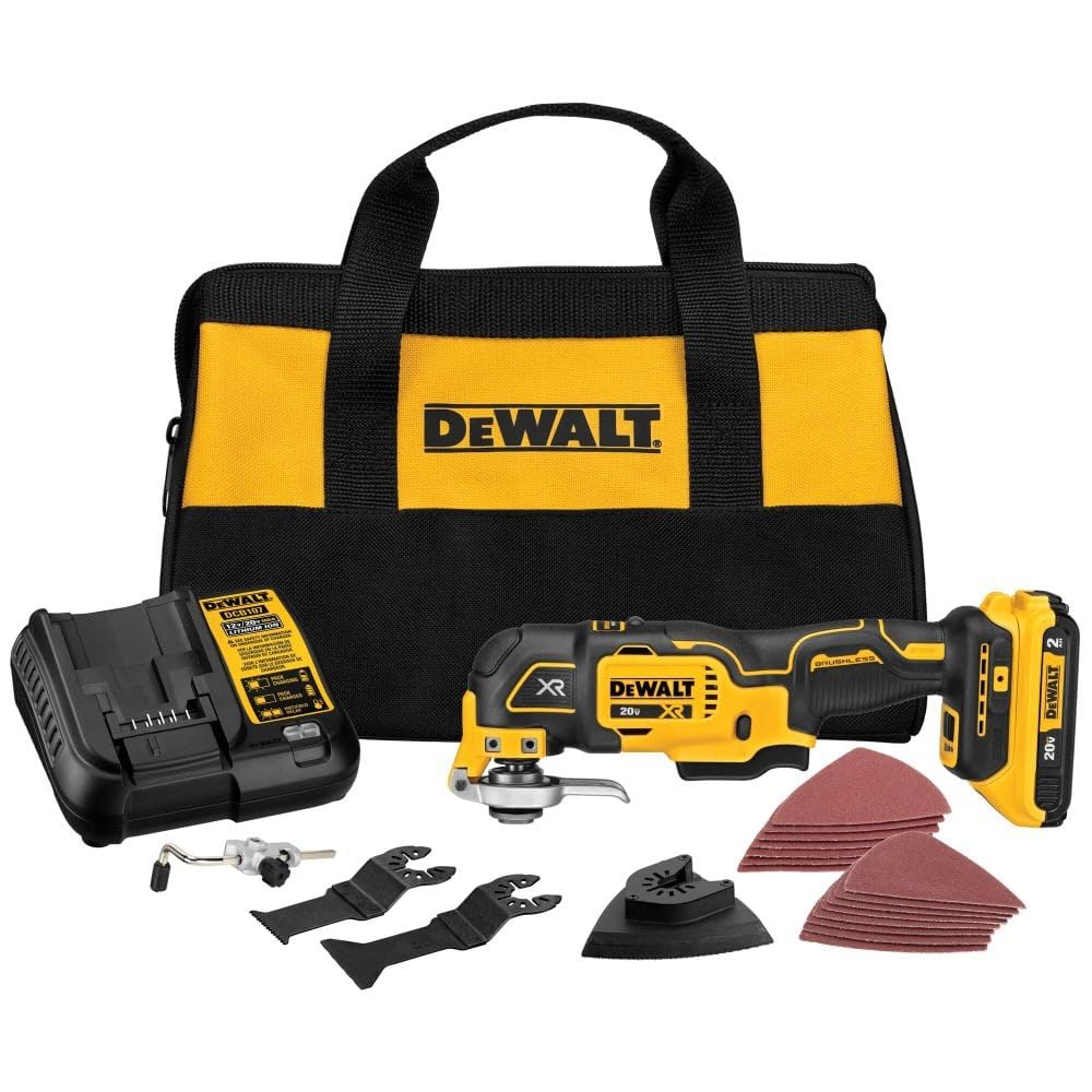 DEWALT 20V Oscillating Tool, Cordless, Wood Blades, Sandpaper, Tool Bag, Battery and Charger Included (DCS356SD1)