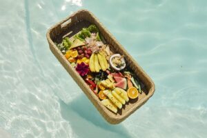 floating pool tray floating serving tray table & bar - swimming pool floats for adults, spas, & pool parties - floating tray for pool serving drinks, floating brunch, food on the water - honey