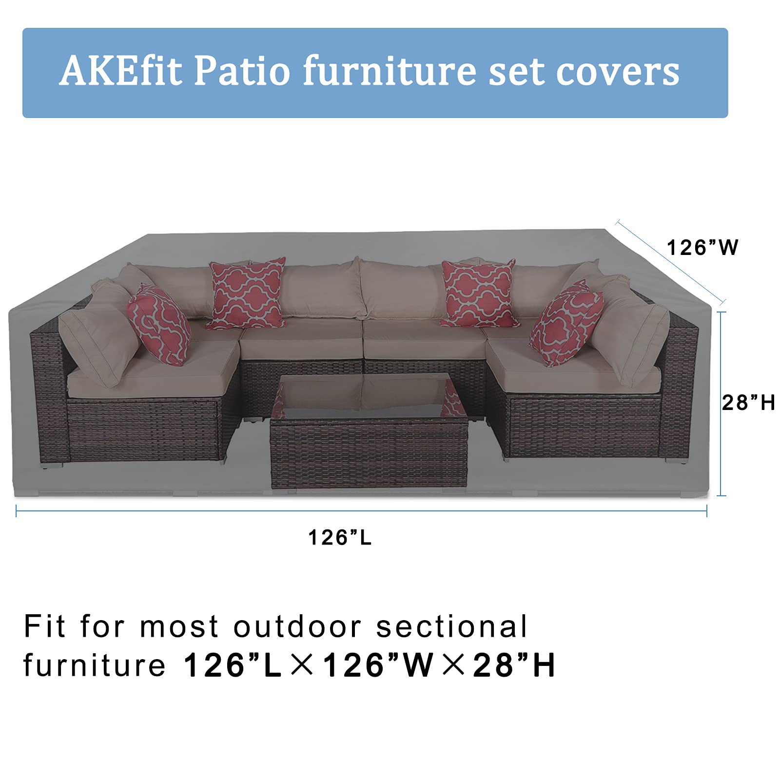 AKEfit Patio Furniture Cover,420D Heavy Duty Outdoor Sectional Sofa Set Cover, Waterproof Sunproof Wind Resistant Table Chair Set Cover Fits up to D126 x W126 x H28