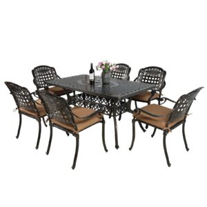 vivijason 7-piece patio furniture dining set, all-weather cast aluminum outdoor conversation set, include 6 cushioned chairs and a rectangle table with umbrella hole for balcony lawn garden backyard