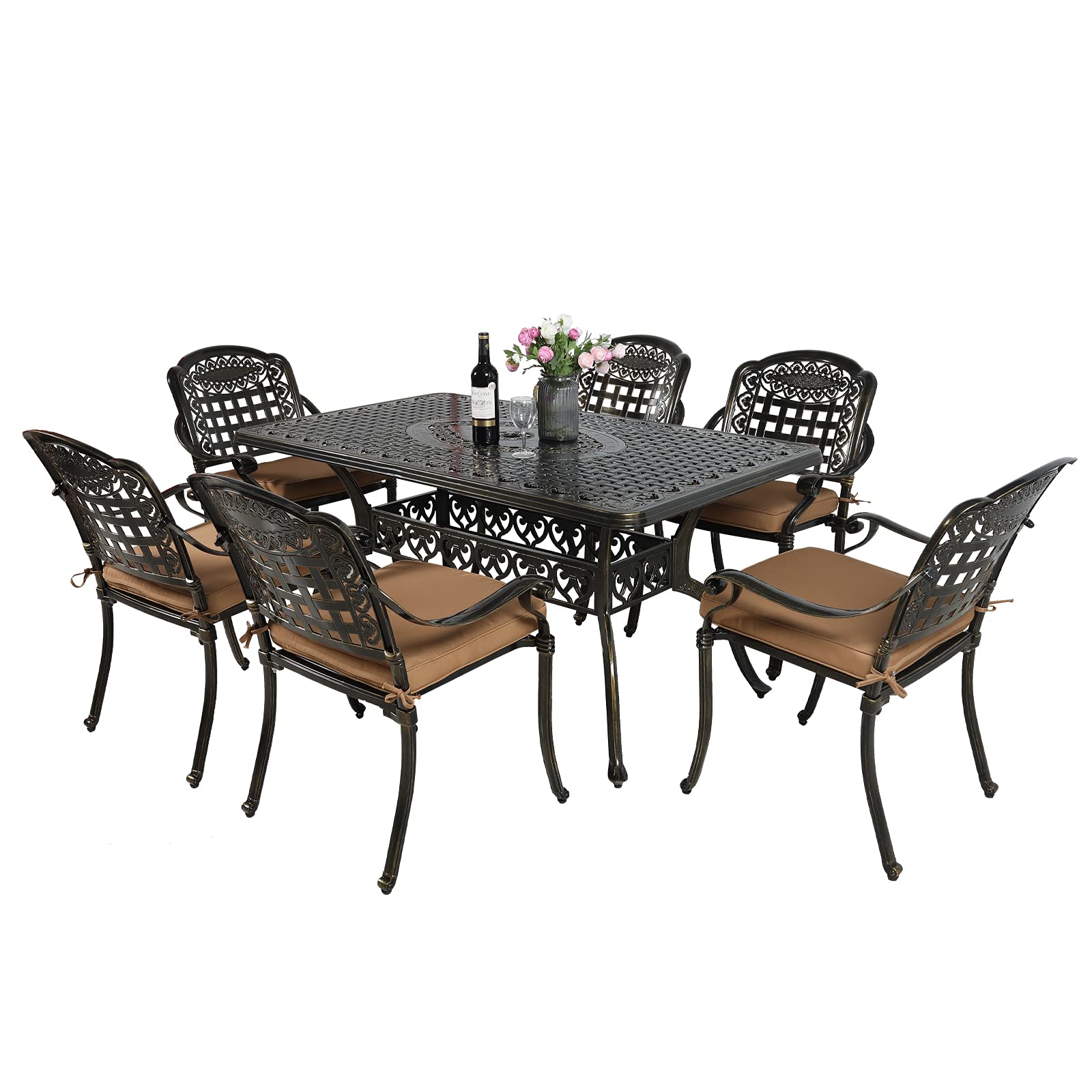 VIVIJASON 7-Piece Patio Furniture Dining Set, All-Weather Cast Aluminum Outdoor Conversation Set, Include 6 Cushioned Chairs and a Rectangle Table with Umbrella Hole for Balcony Lawn Garden Backyard