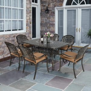 VIVIJASON 7-Piece Patio Furniture Dining Set, All-Weather Cast Aluminum Outdoor Conversation Set, Include 6 Cushioned Chairs and a Rectangle Table with Umbrella Hole for Balcony Lawn Garden Backyard