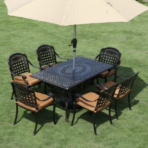 VIVIJASON 7-Piece Patio Furniture Dining Set, All-Weather Cast Aluminum Outdoor Conversation Set, Include 6 Cushioned Chairs and a Rectangle Table with Umbrella Hole for Balcony Lawn Garden Backyard