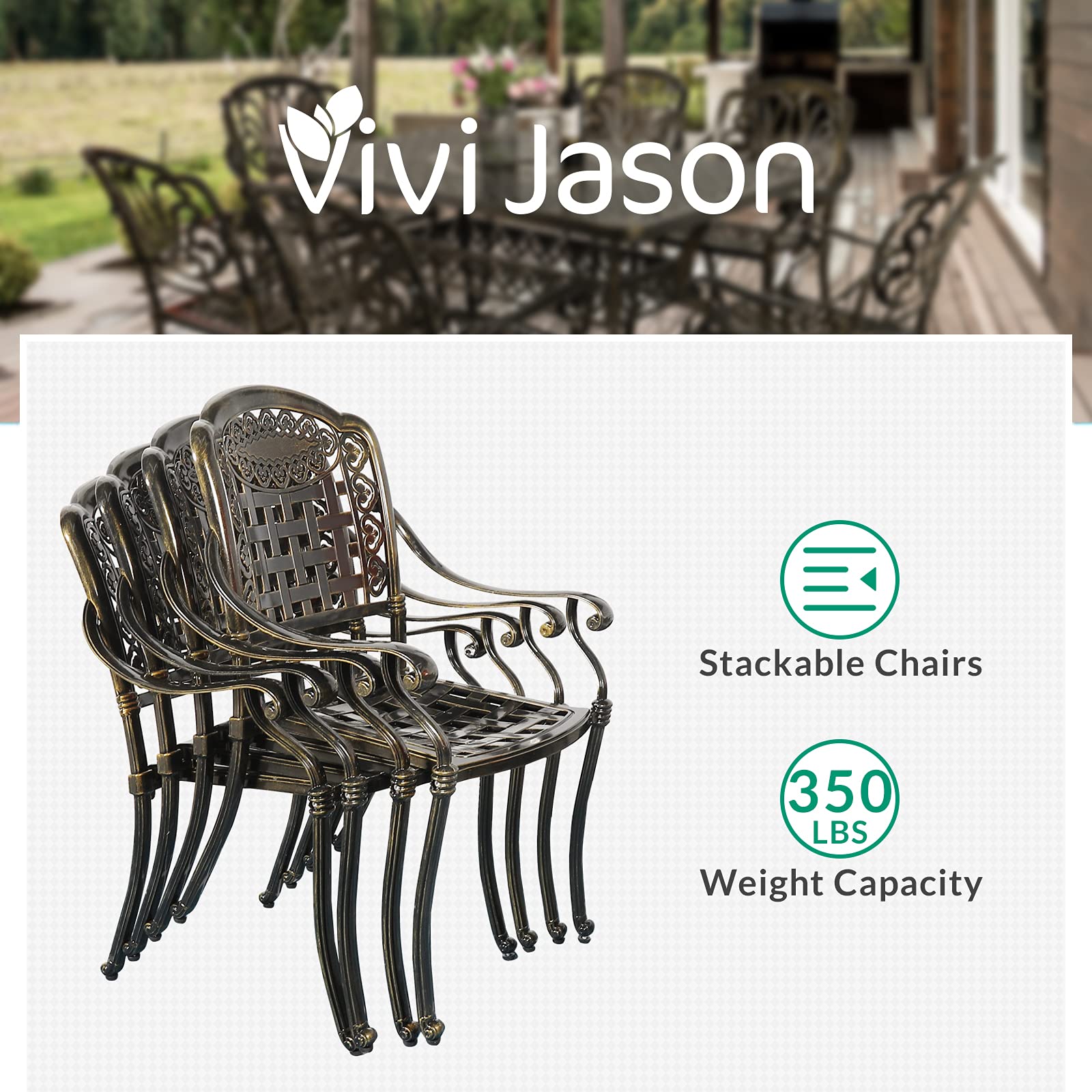 VIVIJASON 7-Piece Patio Furniture Dining Set, All-Weather Cast Aluminum Outdoor Conversation Set, Include 6 Cushioned Chairs and a Rectangle Table with Umbrella Hole for Balcony Lawn Garden Backyard