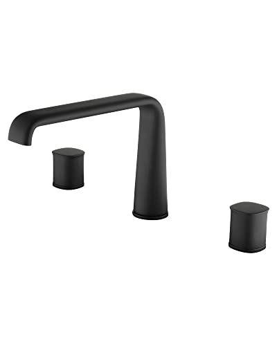 PHASAT Black Waterfall Bathtub Faucet,Bathroom Roman Tub Faucet,3 Holes 2 Handles Deck Mount Bath Tub Filler with High Flow Widespread Spout,Matte Black,PU5H01