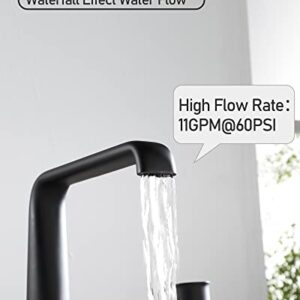 PHASAT Black Waterfall Bathtub Faucet,Bathroom Roman Tub Faucet,3 Holes 2 Handles Deck Mount Bath Tub Filler with High Flow Widespread Spout,Matte Black,PU5H01