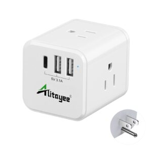 alitayee usb c multi plug outlet extender,usb outlet splitter, cube multi plug adapter with 3 outlets and 3 usb 15.5w fast charging, no surge protector for cruise travel home office etl listed white