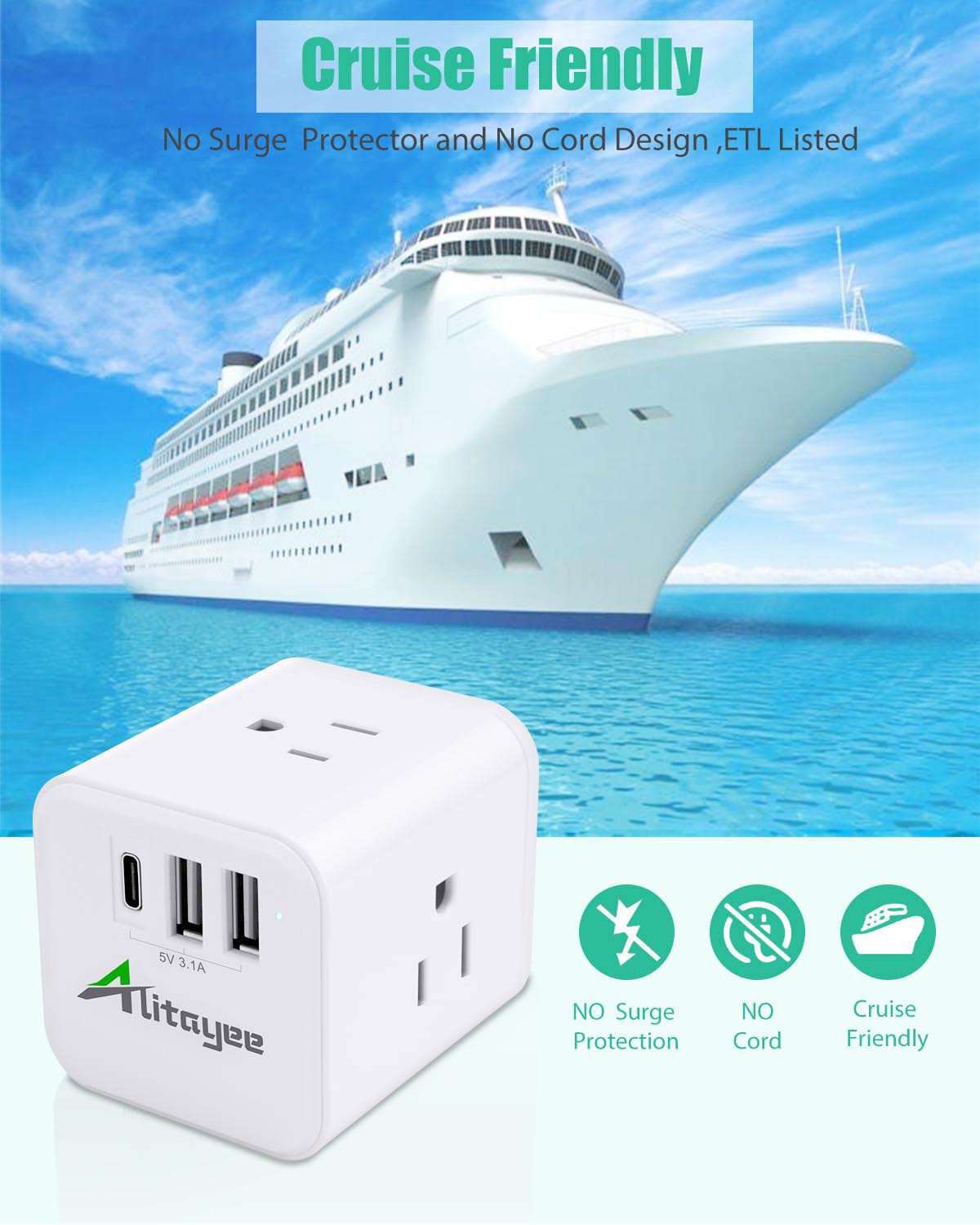 Alitayee USB C Multi Plug Outlet Extender,USB Outlet Splitter, Cube Multi Plug Adapter with 3 Outlets and 3 USB 15.5W Fast Charging, No Surge Protector for Cruise Travel Home Office ETL Listed White