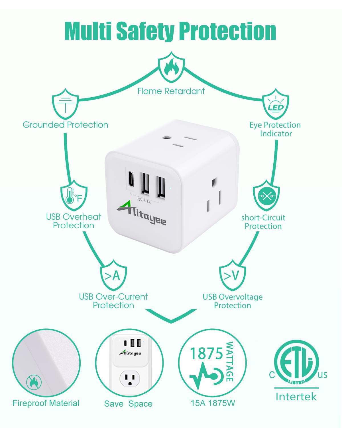 Alitayee USB C Multi Plug Outlet Extender,USB Outlet Splitter, Cube Multi Plug Adapter with 3 Outlets and 3 USB 15.5W Fast Charging, No Surge Protector for Cruise Travel Home Office ETL Listed White