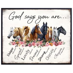 Rustic Religious Horse Wall Art - Inspirational Spiritual Scripture Christian Boho Farmhouse Poster - Girls Bedroom Decor - God Says You Are - Shabby Chic Decoration - Country Western Gift for Women