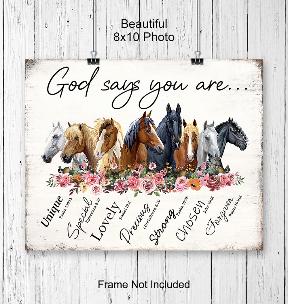 Rustic Religious Horse Wall Art - Inspirational Spiritual Scripture Christian Boho Farmhouse Poster - Girls Bedroom Decor - God Says You Are - Shabby Chic Decoration - Country Western Gift for Women