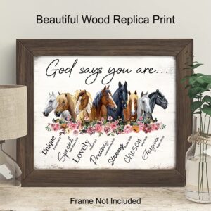 Rustic Religious Horse Wall Art - Inspirational Spiritual Scripture Christian Boho Farmhouse Poster - Girls Bedroom Decor - God Says You Are - Shabby Chic Decoration - Country Western Gift for Women