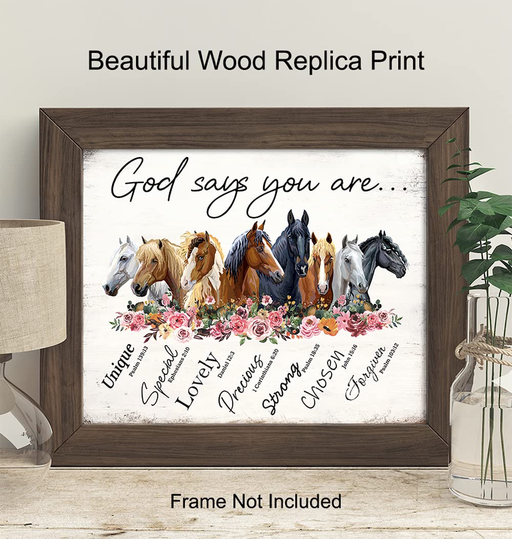 Rustic Religious Horse Wall Art - Inspirational Spiritual Scripture Christian Boho Farmhouse Poster - Girls Bedroom Decor - God Says You Are - Shabby Chic Decoration - Country Western Gift for Women