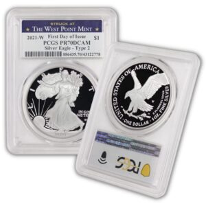 2021 w 1 oz proof american silver eagle coin pr-70 deep cameo (first day of issue - type 2 - struck at the west point mint) $1 pr70dcam pcgs