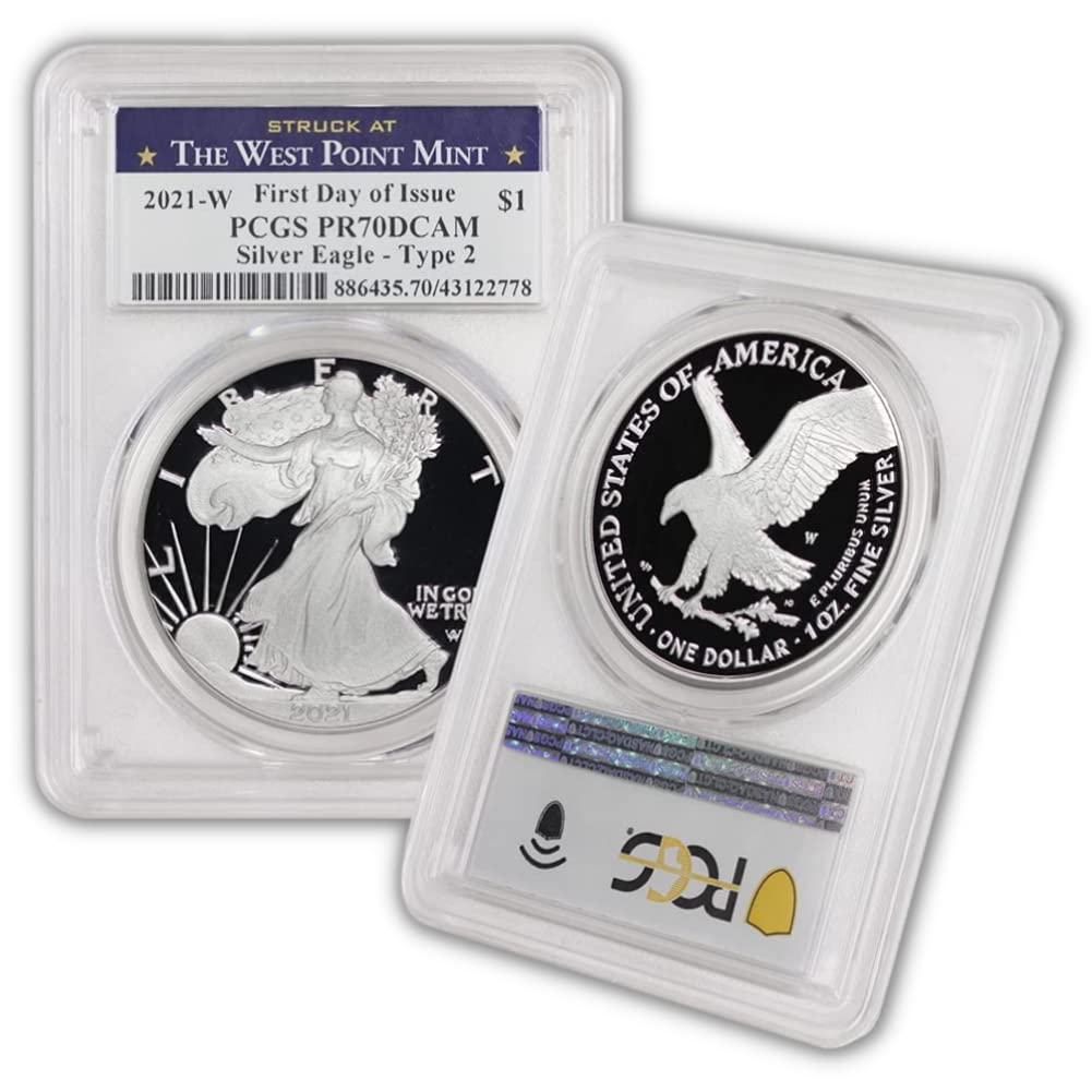 2021 W 1 oz Proof American Silver Eagle Coin PR-70 Deep Cameo (First Day of Issue - Type 2 - Struck at The West Point Mint) $1 PR70DCAM PCGS