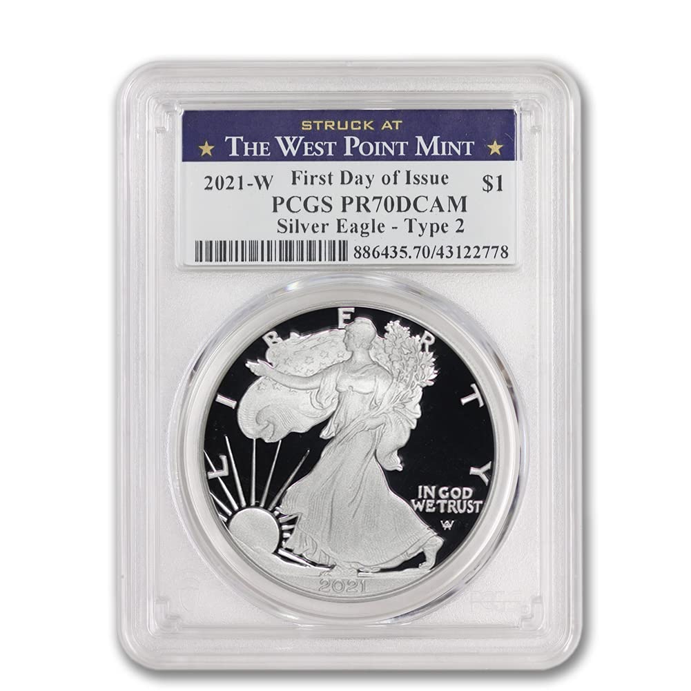 2021 W 1 oz Proof American Silver Eagle Coin PR-70 Deep Cameo (First Day of Issue - Type 2 - Struck at The West Point Mint) $1 PR70DCAM PCGS