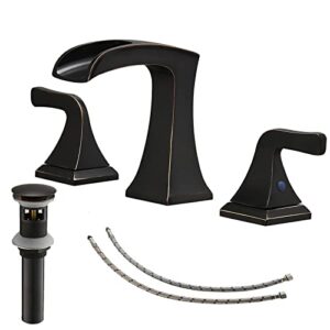 bathlavish oil rubbed bronze bathroom faucet 3 hole, widespread waterfall bathroom faucet, 2-handle bathroom faucet, modern 8 inch vanity rv lavatory with pop up drain with overflow