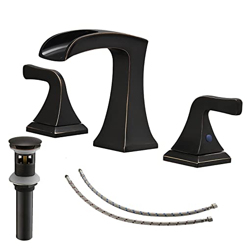 BATHLAVISH Oil Rubbed Bronze Bathroom Faucet 3 Hole, Widespread Waterfall Bathroom Faucet, 2-Handle Bathroom Faucet, Modern 8 Inch Vanity RV Lavatory with Pop Up Drain with Overflow