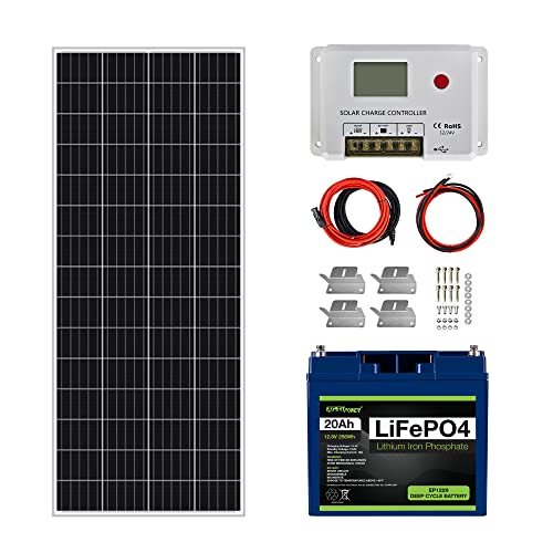 ExpertPower 210W 12V Solar Power Kit | 12V 20Ah LiFePO4 Lithium Battery | 2100W Mono Rigid Solar Panel & 20A PWM Solar Charge Controller | RV, Trailer, Camper, Marine, Off Grid, Solar Projects