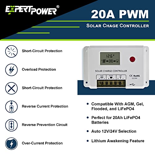 ExpertPower 210W 12V Solar Power Kit | 12V 20Ah LiFePO4 Lithium Battery | 2100W Mono Rigid Solar Panel & 20A PWM Solar Charge Controller | RV, Trailer, Camper, Marine, Off Grid, Solar Projects