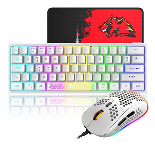 60% Gaming Keyboard and Mouse Combo Samll Mini RGB LED Backlight Mechanical Feeling and RGB 6400 DPI Honeycomb Optical Mouse,Gaming Mouse pad for Gamers and Typists