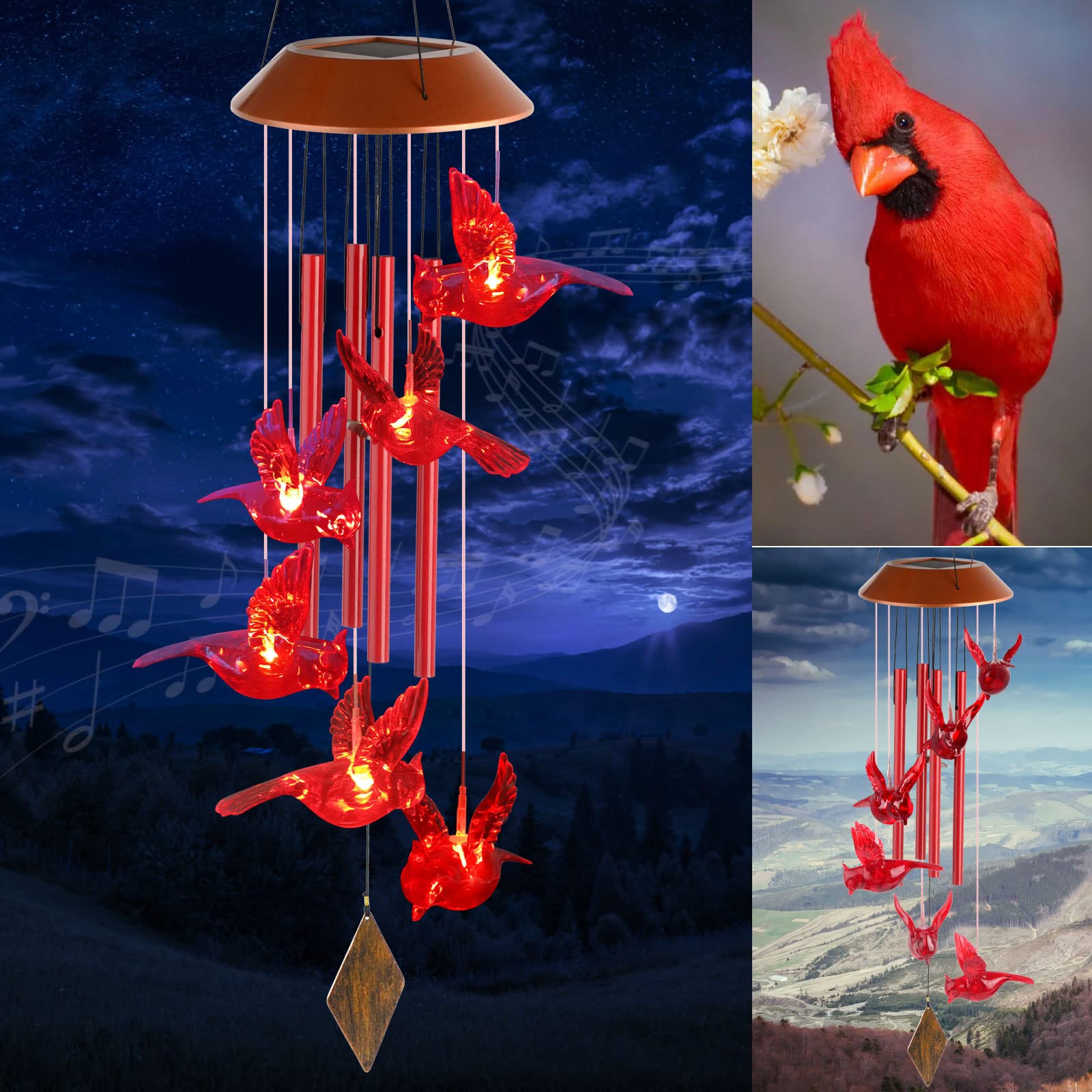 Cardinal Bird Solar windchimes Outdoor, Garden Christmas Lights,red Bird Garden Decor,Father Gift, Mother Gift, Mothers Day for Grandma,Sister Gifts,Gardening Gifts for Women,Friend Birthday Gift