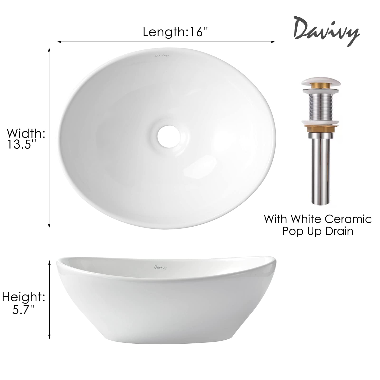 Davivy 16'' X 13.5'' Oval Vessel Sink with Pop Up Drain,Bathroom Sinks Above Counter,White Vessel Sink,Bathroom Vessel Sinks,Ceramic Vessel Sink,Counter top Sink,Oval Sink Bowls for Bathroom