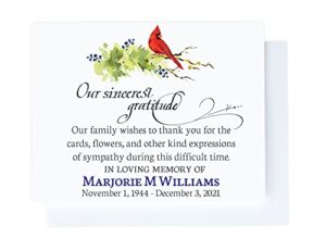 personalized funeral thank you cards with cardinal, a2 folded cards, choose quantity, sympathy acknowledgement cards red bird, celebration of life thank you notes for friends with matching envelopes