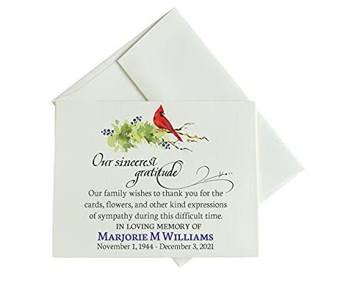 Personalized Funeral Thank You Cards with Cardinal, A2 Folded Cards, Choose Quantity, Sympathy Acknowledgement Cards Red Bird, Celebration of Life Thank You Notes for Friends with Matching Envelopes