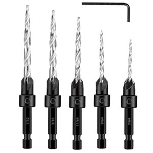 yakamoz 5pcs taper drill countersink set 1/4" hex shank countersinks with tapered point pilot drill bits for woodworking