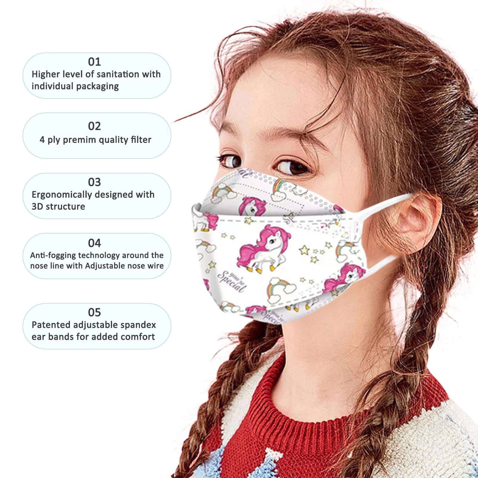 LOGAO【60 Packs Individually Packaged】 of KF94 Disposable Fish Mouth Type Child Safety Four-Layer Protective mask, Kids Disposable Face Masks Comfortable Breathable ,and Protection Rate of 95% ,Suitable for Kids and Small Small Faces