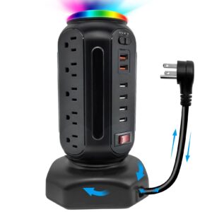 dyssipative power strip tower with colorful nightlight, 15 ac outlets and 6 fasting usb ports, retractable extension cord with multiple outlets, 1500 j surge protector with right flat plug (black)