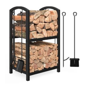 mr ironstone firewood rack with fireplace tools set, fireplace tool rack for indoor outdoor fire log holder wrought iron large wood stove with firepit tools, brush, shovel, poker, tongs, black